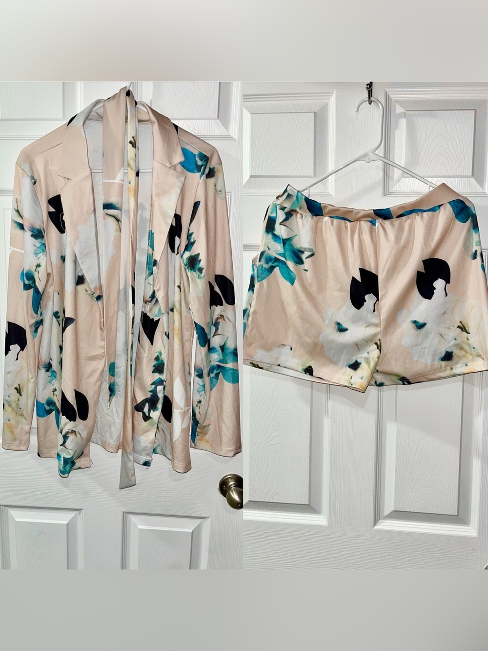 Beige Floral Teal Accents Satin Blazer & Short Set with Belt - Women's
